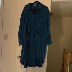 Fashion Nova Teal Satin Shirt Dress